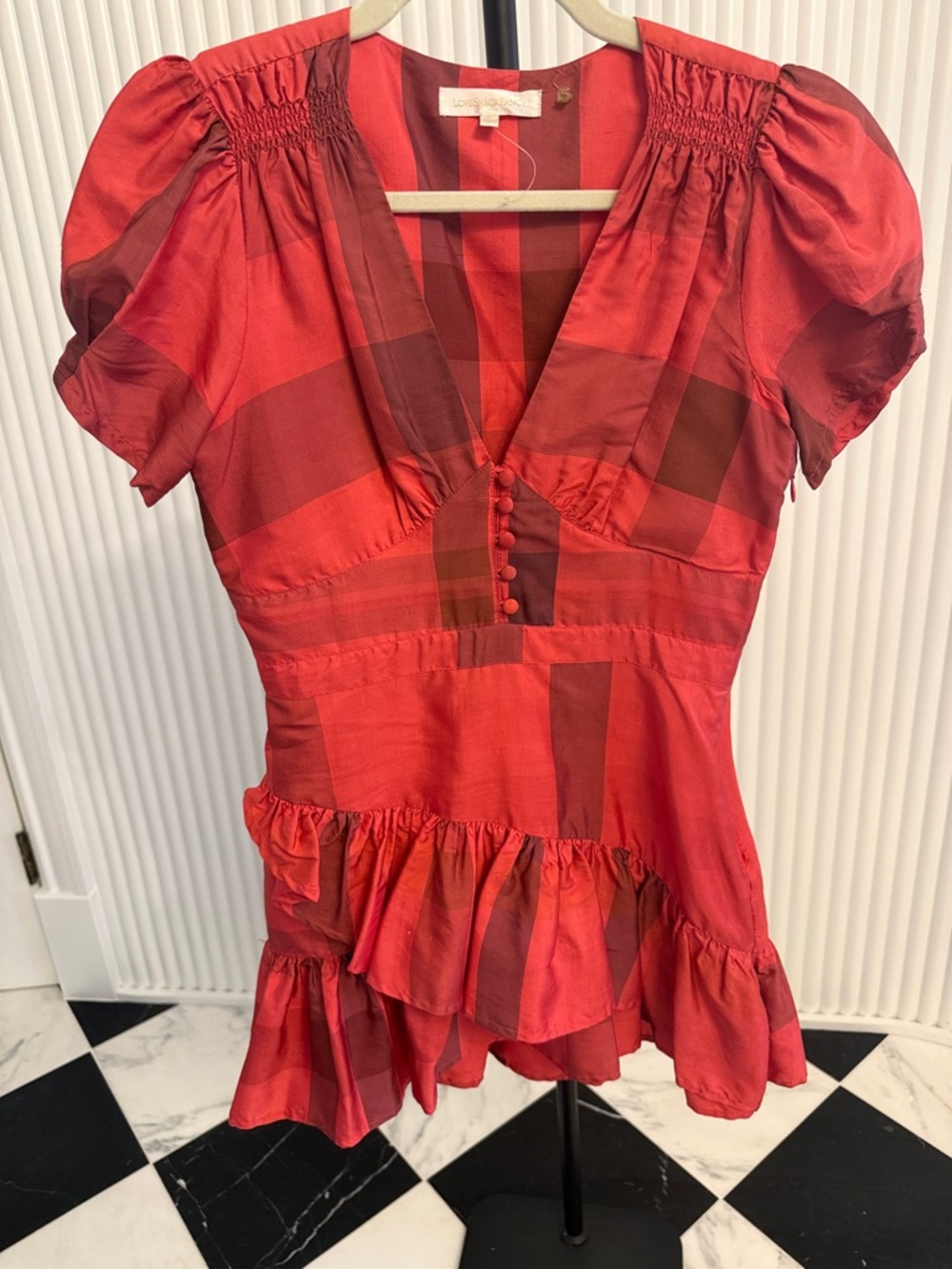 LoveShackFancy Red Plaid Ruffle Mini Dress